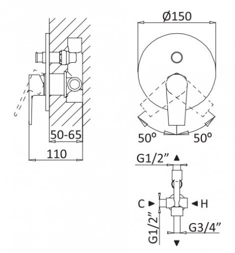 Смеситель для душа Cezares Nautic NAUTIC-VDIM-NOP Черный матовый латунь встраиваемый