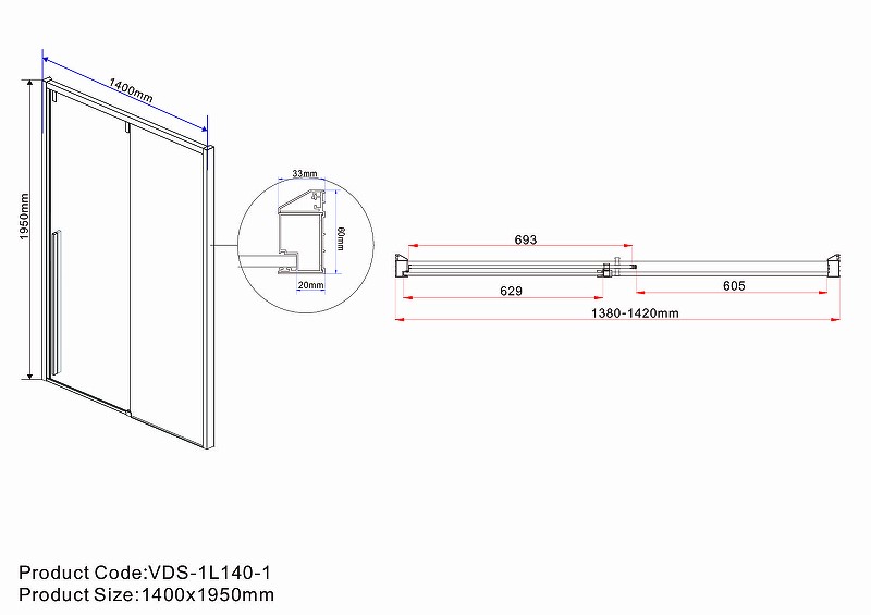 Душевая дверь Vincea Lugano 140 VDS-1L140CLB-1 профиль Черный стекло прозрачное