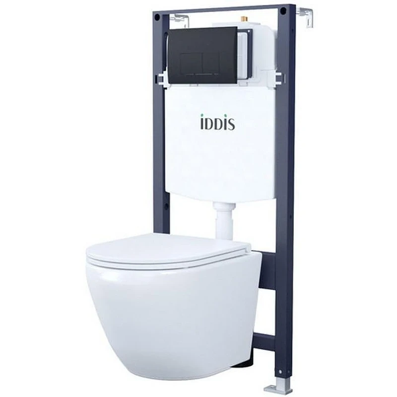 Комплект унитаза с инсталляцией Iddis Basic BASBQ02i73 с сиденьем Микролифт и Черной матовой клавишей смыва