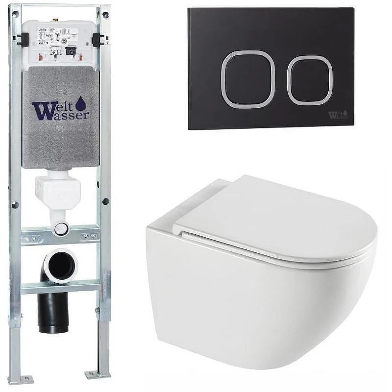 Комплект унитаза с инсталляцией WeltWasser AMBERG 350 ST + MERZBACH 043 XL GL-WT + AMBERG RD-BL 10000013761 цвет Белый глянцевый с сиденьем Микролифт и клавишей смыва цвет Черный