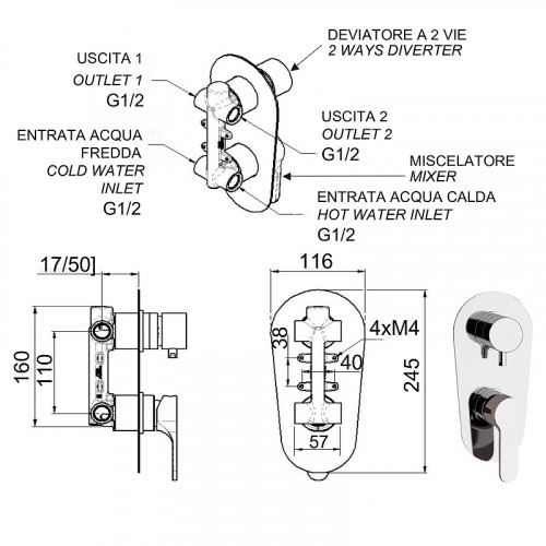 Смеситель для душа Remer Winner W92 Хром латунь встраиваемый