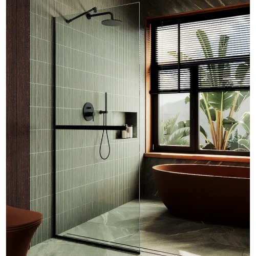 Душевая перегородка Maybah Glass MGD-708-6у 1090x1950 в узком профиле Черный стекло прозрачное