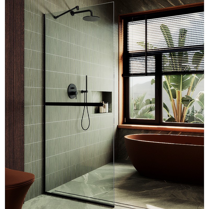 Душевая перегородка Maybah Glass MGD-708-6у 1090x1950 в узком профиле Черный стекло прозрачное