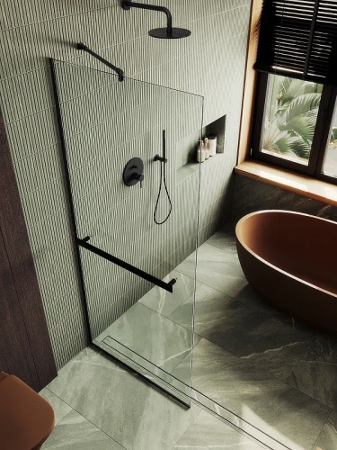 Душевая перегородка Maybah Glass MGD-708-6у 1090x1950 в узком профиле Черный стекло прозрачное