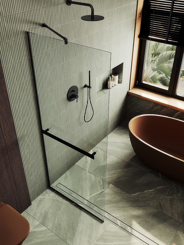Душевая перегородка Maybah Glass MGD-708-6у 1090x1950 в узком профиле Черный стекло прозрачное