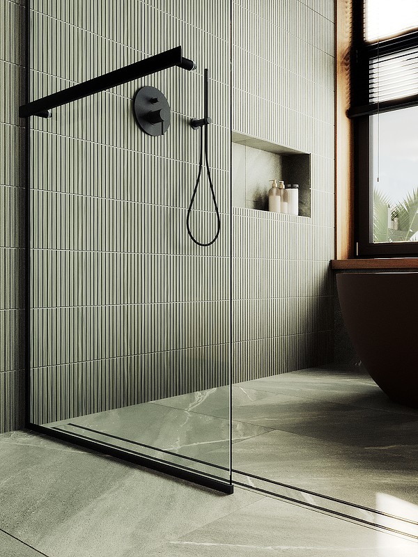 Душевая перегородка Maybah Glass MGD-708-6у 1090x1950 в узком профиле Черный стекло прозрачное