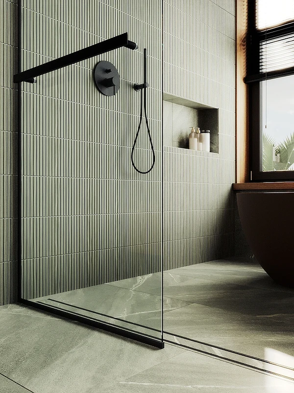 Душевая перегородка Maybah Glass MGD-708-6у 1090x1950 в узком профиле Черный стекло прозрачное