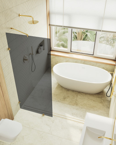 Душевая перегородка Maybah Glass MGD-275-3 890x1950 коннектор стена-стекло Золото стекло графитовое