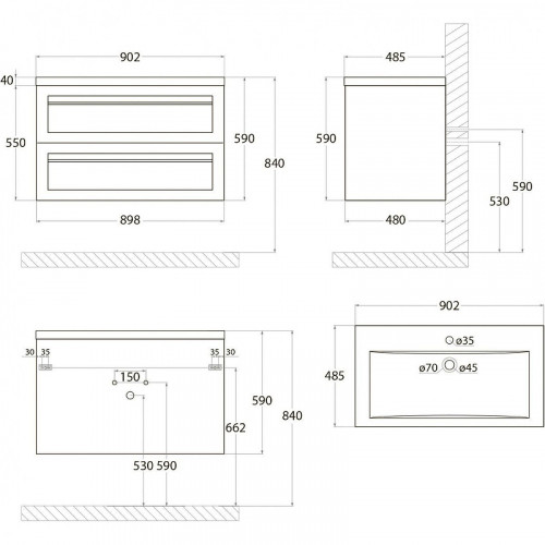 Тумба под раковину Art&amp;Max AM-Platino-900-2C-SO-NM подвесная Черная матовая МДФ / ЛДСП