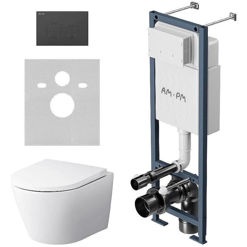 Комплект унитаза с инсталляцией AM.PM Sense FlashClean IS110138.741701 с сиденьем Микролифт и Черной матовой клавишей смыва