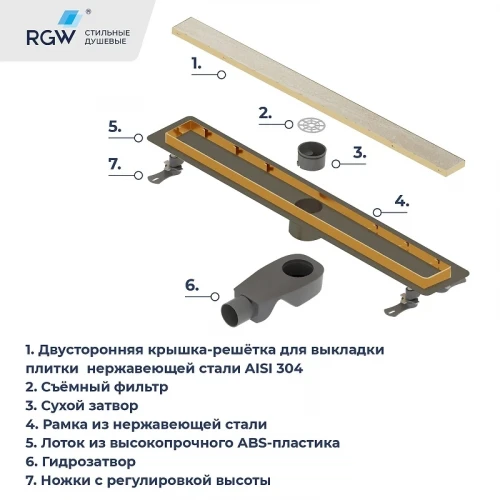 Душевой лоток RGW Drain Leo-31Gb-40 60213140-06 с решеткой Золото брашированное / под плитку