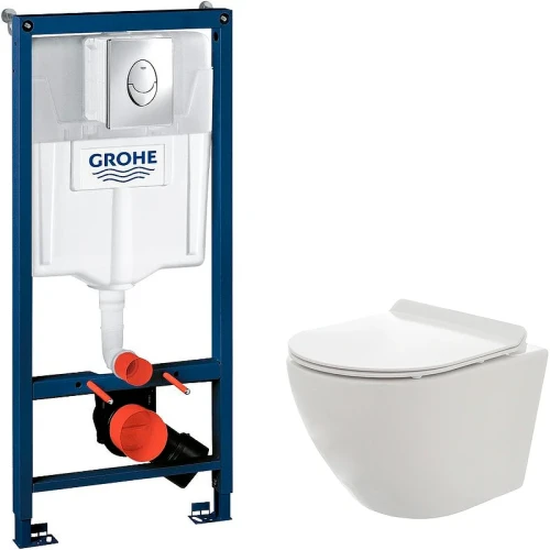 Комплект унитаза AQUAme AQM2002 с инсталляцией Grohe Rapid SL 38721001 с сиденьем Микролифт и клавишей смыва Хром фаянс подвесной