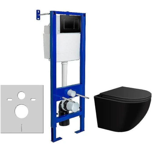 Унитаз с инсталляцией WellWant Aura WWU01122B + Berges Atom 410 040332 с сиденьем Микролифт и Черной матовой клавишей смыва