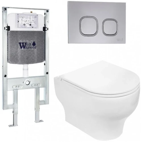 Комплект унитаза с инсталляцией WeltWasser AMBERG 497 ST + ERLENBACH 004 GL-WT + AMBERG RD-CR 10000006684 цвет Белый глянцевый с сиденьем Микролифт и клавишей смыва цвет Хром