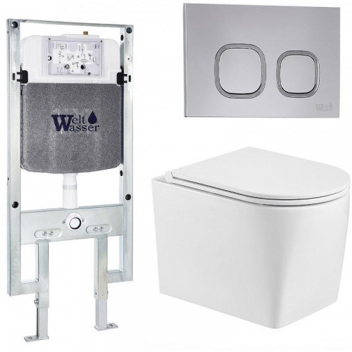 Комплект унитаза с инсталляцией WeltWasser AMBERG 497 ST + NESENBACH 004 GL-WT + AMBERG RD-CR 10000008929 цвет Белый глянцевый с сиденьем Микролифт и клавишей смыва цвет Хром