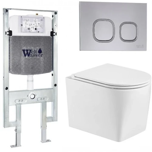 Комплект унитаза с инсталляцией WeltWasser AMBERG 497 ST + NESENBACH 004 GL-WT + AMBERG RD-CR 10000008929 цвет Белый глянцевый с сиденьем Микролифт и клавишей смыва цвет Хром