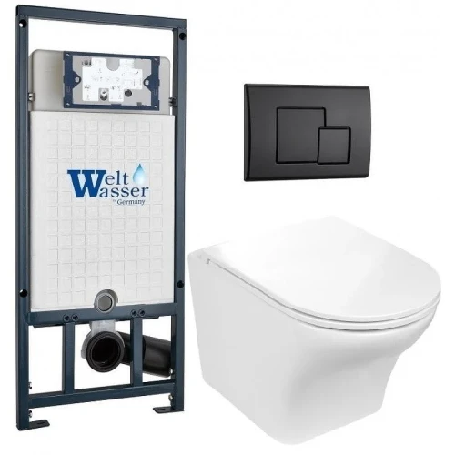 Комплект унитаза с инсталляцией WeltWasser MARBERG 507 + ODENBACH 004 GL-WT + MAR 507 SE MT-BL 10000010973 цвет Белый глянцевый с сиденьем Микролифт и клавишей смыва цвет Черный матовый