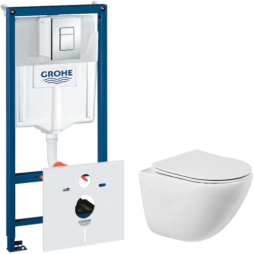 Комплект унитаза BelBagno Amanda BB051CHR+BB051SC с инсталляцией Grohe Rapid SL 38775001 с сиденьем Микролифт и клавишей смыва Хром фаянс подвесной
