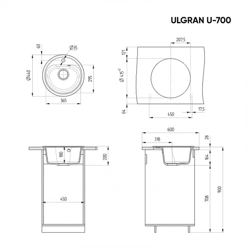 Кухонная мойка Ulgran Classic U-700-310 Серая искусственный камень (литьевой мрамор) встраиваемый