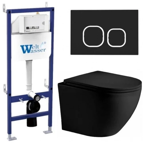 Комплект унитаза с инсталляцией WeltWasser BAMBERG 460 + MERZBACH 043 XL MT-BL + BAMBERG BL 10000014127 цвет Черный матовый с сиденьем Микролифт и клавишей смыва цвет Черный