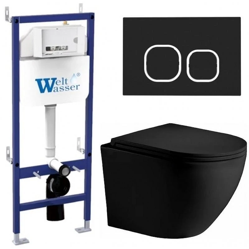 Комплект унитаза с инсталляцией WeltWasser BAMBERG 460 + MERZBACH 043 XL MT-BL + BAMBERG BL 10000014127 цвет Черный матовый с сиденьем Микролифт и клавишей смыва цвет Черный