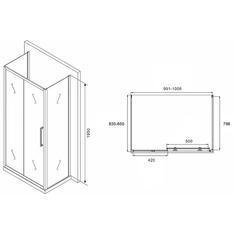 Душевой уголок Abber Schwarzer Diamant 100x85 AG30100H-S85-S85 профиль Хром стекло прозрачное