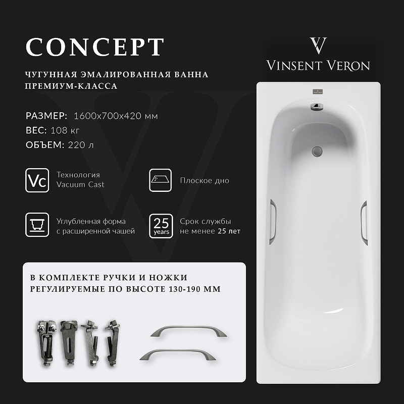 Чугунная ванна Vinsent Veron Concept 160x70 VCO1607042H/VH0012GM цвет Белый с квадратными ручками оружейная сталь