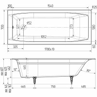 Чугунная ванна Wotte Forma 170x70 БП-э00д1468 без антискользящего покрытия