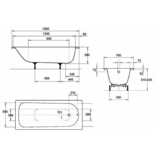 Стальная ванна Kaldewei Eurowa 310-1 150х70 KLDW.EW15070.UK.SP цвет Белый с ножкам со сливом-переливом