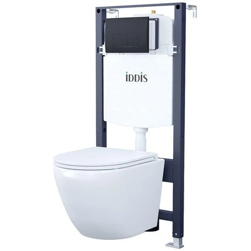 Комплект унитаза с инсталляцией Iddis Basic BASB020i73 с сиденьем Микролифт и Черной матовой клавишей смыва