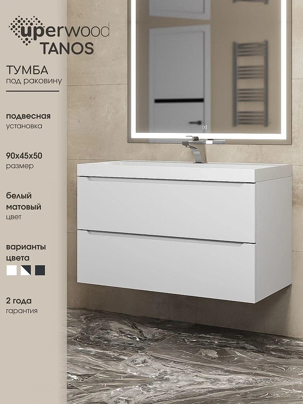 Тумба под раковину Uperwood Tanos 90 291020245 подвесная цвет Белый матовый