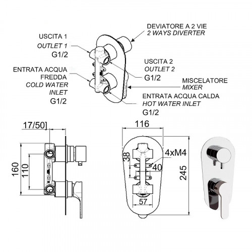 Смеситель для душа Remer Winner W93 Хром латунь встраиваемый