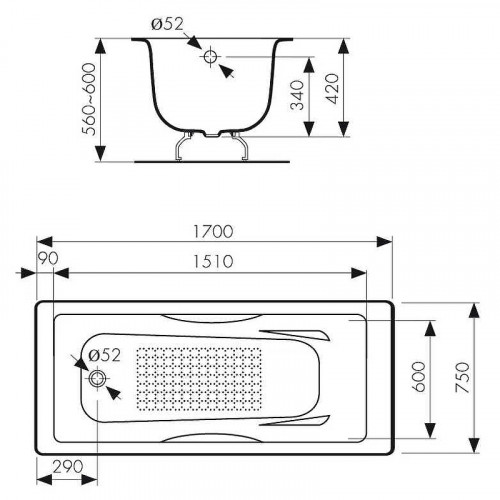 Чугунная ванна Kaiser 170х75 КВ-1704 с антискользящим покрытием