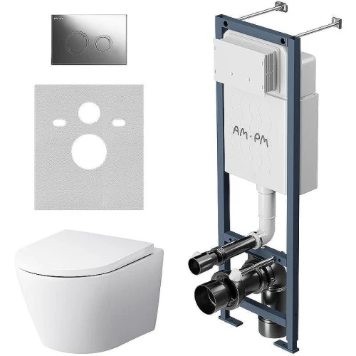 Комплект унитаза с инсталляцией AM.PM Sense FlashClean IS110151.741701 с сиденьем Микролифт и клавишей смыва Хром глянцевый