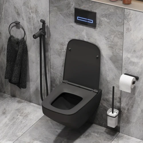 Комплект унитаза с инсталляцией AM.PM Inspire V2.0 CK50GG Черный матовый с сиденьем Микролифт с Черной глянцевой клавишей смыва с гигиеническим душем и аксессуарами для ванной комнаты фарфор подвесной