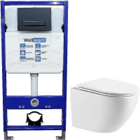 Унитаз с инсталляцией WellWant Aura WWU01121WK + WellWant Standart 50 WWISI111BB с сиденьем Микролифт и Черной матовой клавишей смыва