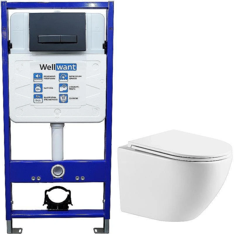 Унитаз с инсталляцией WellWant Aura WWU01121WK + WellWant Standart 50 WWISI111BB с сиденьем Микролифт и Черной матовой клавишей смыва