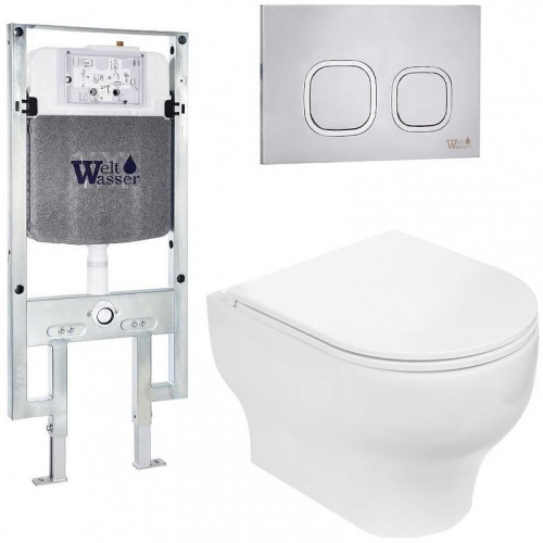 Комплект унитаза с инсталляцией WeltWasser AMBERG 497 ST + ERLENBACH 004 GL-WT + AMBERG RD-MT CR 10000006685 цвет Белый глянцевый с сиденьем Микролифт и клавишей смыва цвет Хром матовый