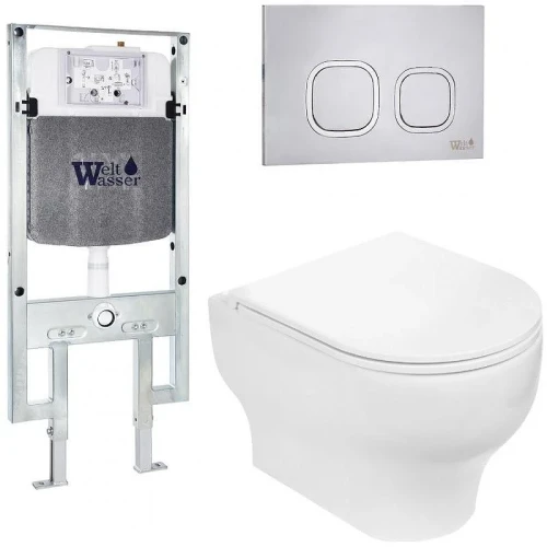 Комплект унитаза с инсталляцией WeltWasser AMBERG 497 ST + ERLENBACH 004 GL-WT + AMBERG RD-MT CR 10000006685 цвет Белый глянцевый с сиденьем Микролифт и клавишей смыва цвет Хром матовый