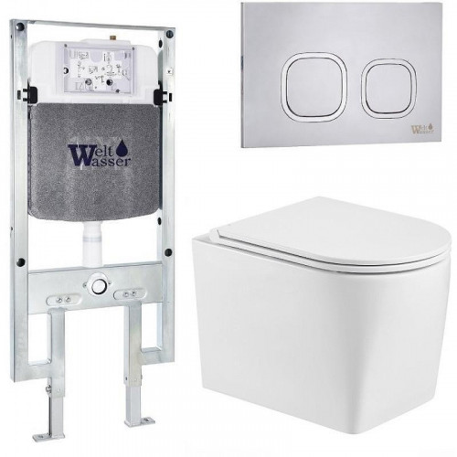 Комплект унитаза с инсталляцией WeltWasser AMBERG 497 ST + NESENBACH 004 GL-WT + AMBERG RD-MT CR 10000008930 цвет Белый глянцевый с сиденьем Микролифт и клавишей смыва цвет Хром матовый
