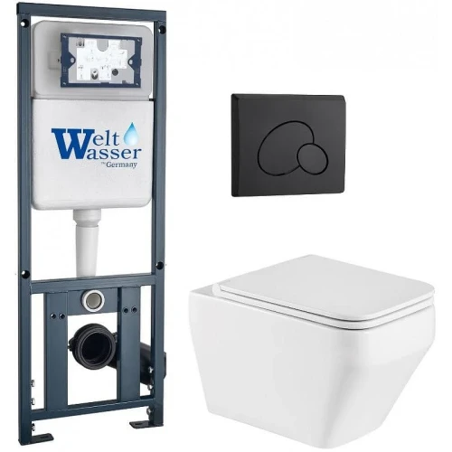 Комплект унитаза с инсталляцией WeltWasser MARBERG 410 + HOFBACH 041 GL-WT + MAR 410 RD MT-BL 10000011677 цвет Белый глянцевый с сиденьем Микролифт и клавишей смыва цвет Черный матовый
