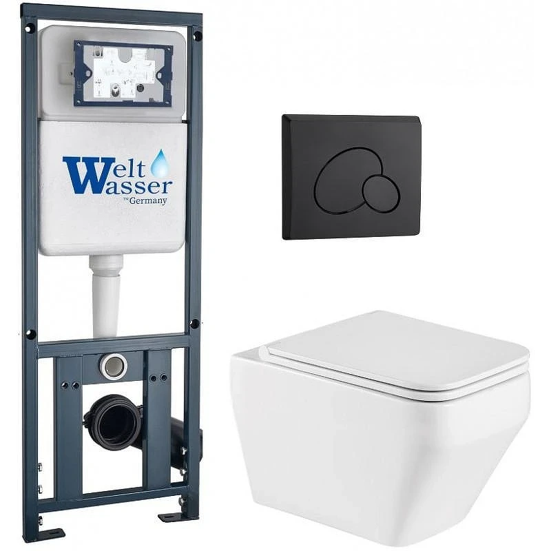 Комплект унитаза с инсталляцией WeltWasser MARBERG 410 + HOFBACH 041 GL-WT + MAR 410 RD MT-BL 10000011677 цвет Белый глянцевый с сиденьем Микролифт и клавишей смыва цвет Черный матовый