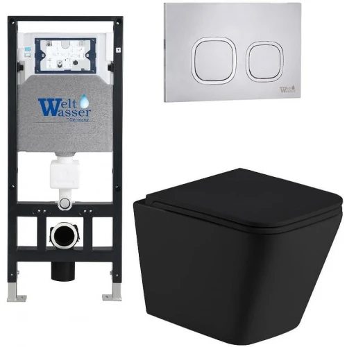 Комплект унитаза с инсталляцией WeltWasser AMBERG 506 + GELBACH 043 MT-BL + AMBERG RD-MT CR 10000011987 цвет Черный матовый с сиденьем Микролифт и клавишей смыва цвет Хром матовый