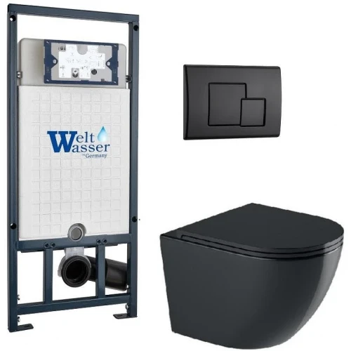 Комплект унитаза с инсталляцией WeltWasser MARBERG 507 + MERZBACH 043 GL-BL + MAR 507 SE MT-BL 10000012208 цвет Черный глянцевый с сиденьем Микролифт и клавишей смыва цвет Черный матовый