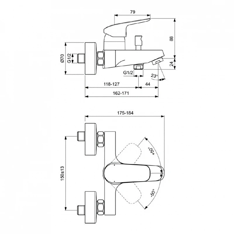 Смеситель для ванны Ideal Standard Ceraflex B1721AA Хром латунь на стену