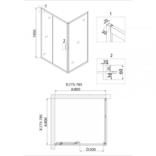 Душевая стенка Niagara Nova 80 NG-A80B профиль Черный стекло прозрачное