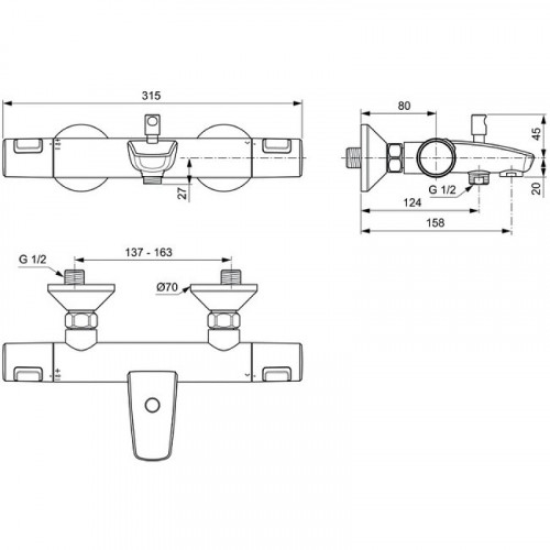 Смеситель для ванны Ideal Standard Ceratherm T25 A7206AA с термостатом Хром латунь на стену