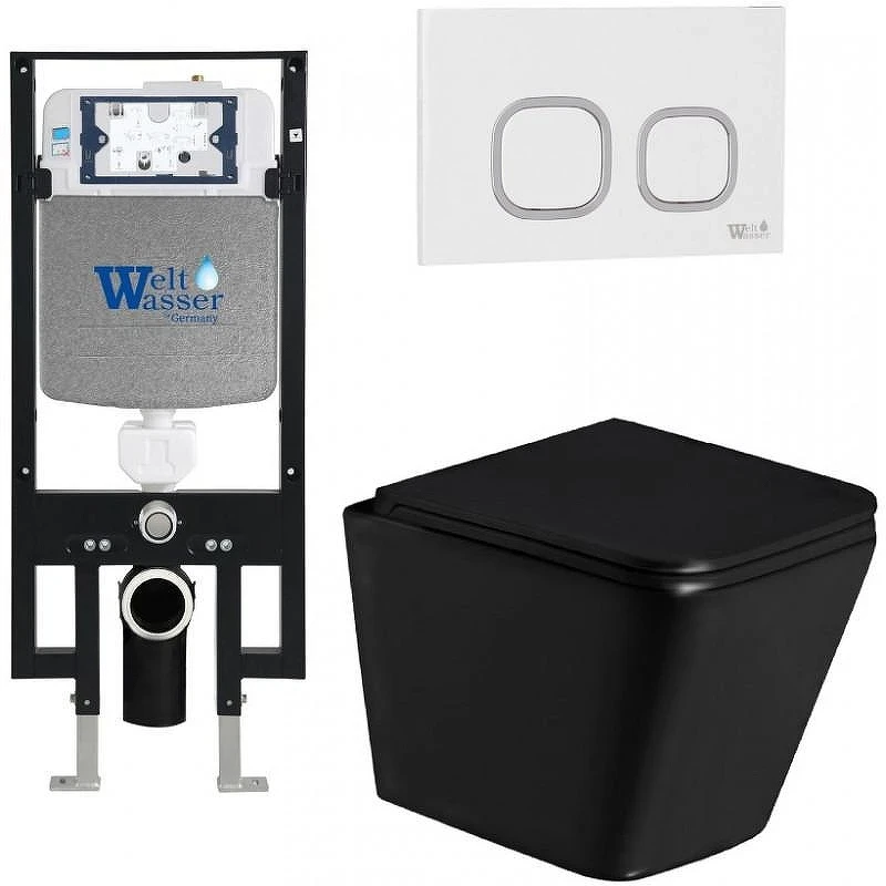 Комплект унитаза с инсталляцией WeltWasser AMBERG 497 + GELBACH 043 GL-BL + AMBERG RD-WT 10000011934 цвет Черный глянцевый с сиденьем Микролифт и клавишей смыва цвет Белый