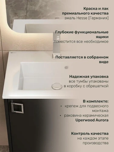 Тумба с раковиной Uperwood Aurora 50 KAurora50bm подвесная цвет Черный матовый