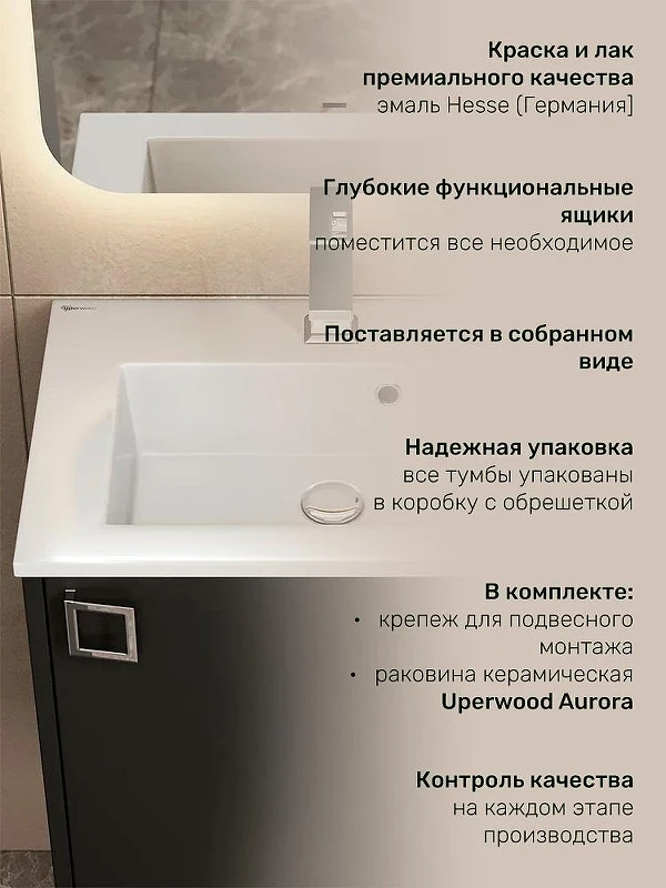 Тумба с раковиной Uperwood Aurora 50 KAurora50bm подвесная цвет Черный матовый
